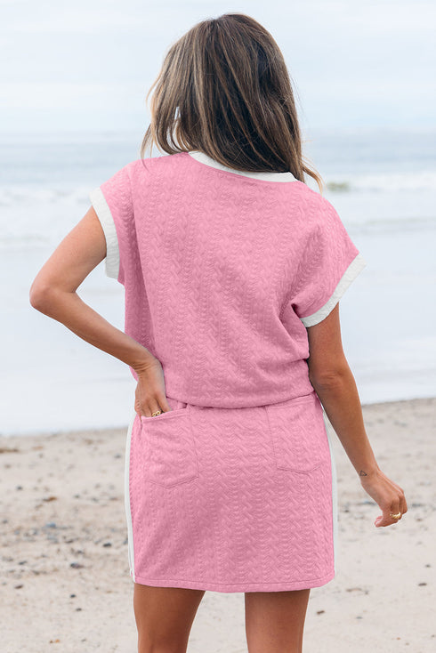 Casual Chic Textured Knit Contrast Trim Crewneck Tee And Pocketed Skirt Set